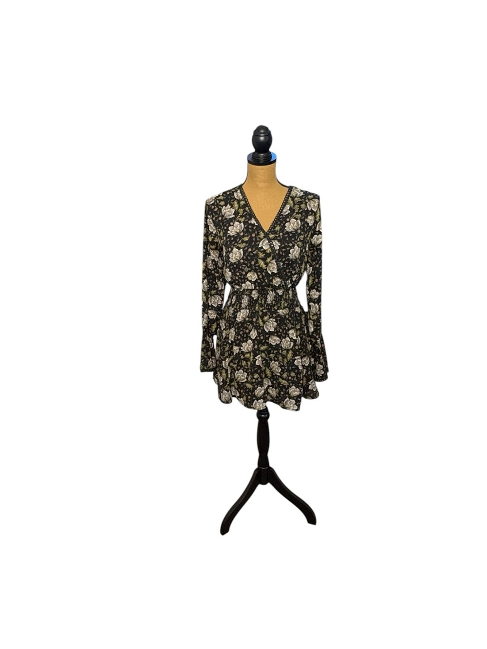 Doe & Rae Floral Mini Dress S Black Whimsigoth Bell Sleeve Smocked Boho